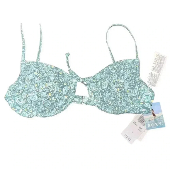Roxy Eco Seaside Tropics Smocked Underwire Bikini Top Size Large Green Swimwear - Picture 5 of 5